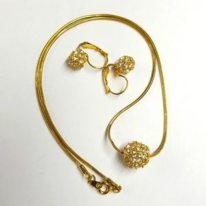 Gold Toned Bead Pendant Necklace W/Rhinestones & Earrings